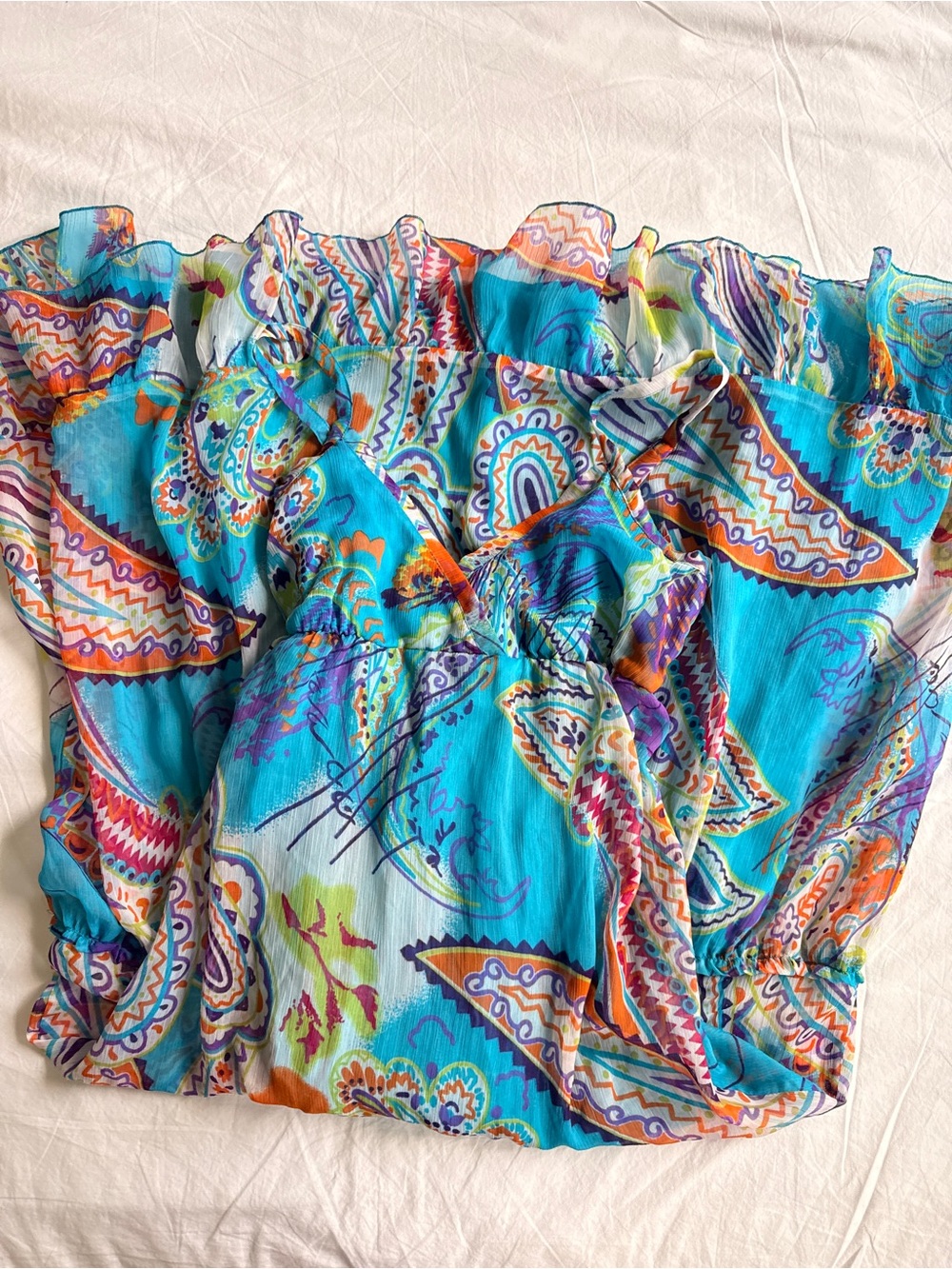 Turquoise Paisley Maxi Dress with Ruffle Neckline